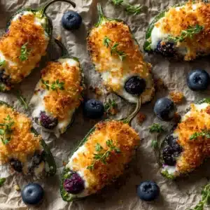 A close-up overhead view of brie stuffed jalapenos with blueberries before being wrapped in bacon, showing the creamy filling.