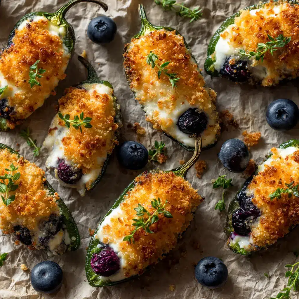 A close-up overhead view of brie stuffed jalapenos with blueberries before being wrapped in bacon, showing the creamy filling.