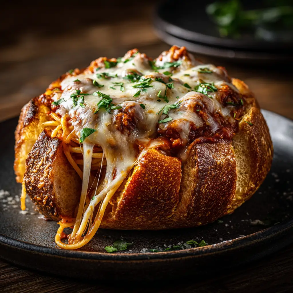 A close-up shot showing the inside of a hollowed-out bread roll being brushed with garlic herb butter before being filled with spaghetti.