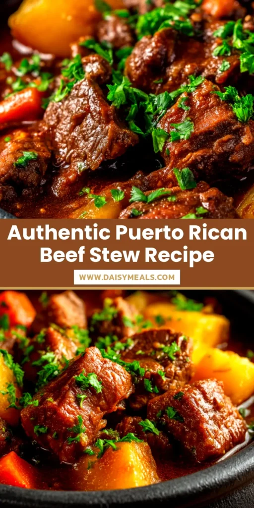 A delicious bowl of authentic Puerto Rican Beef Stew (Carne Guisada) with tender beef, potatoes, and carrots in a rich, savory broth. A spoon is resting in the bowl.