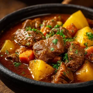 An extreme close-up of tender beef and soft potatoes in a rich Carne Guisada broth, highlighting the texture of the stew.