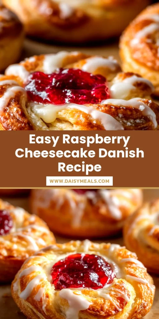 Raspberry Cheesecake Danish: The Ultimate Bakery-Style Treat 3 A beautiful platter of homemade Raspberry Cheesecake Danish pastries, drizzled with a sweet vanilla glaze. They look flaky, golden-brown, and filled with creamy cheesecake and raspberry jam.