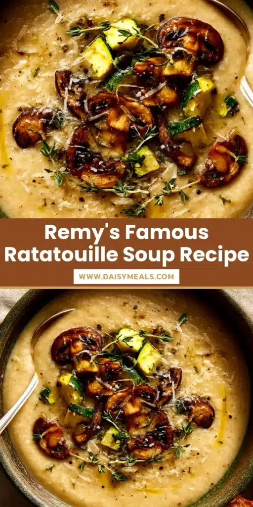 A beautiful bowl of hearty ratatouille soup, garnished with fresh herbs and served with a side of crusty bread. The soup is a vibrant red color, filled with visible chunks of vegetables.