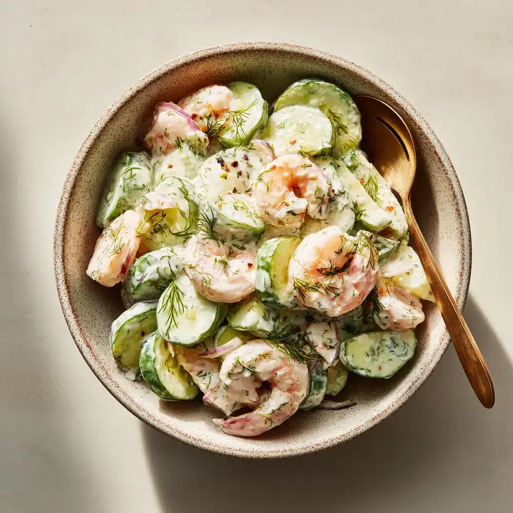 Cucumber Shrimp Salad (The BEST Creamy Recipe!) 2 A close-up shot of the refreshing shrimp salad, showing the texture of the crisp cucumbers and tender shrimp.