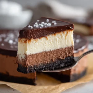 A close-up view of the rich, creamy texture of the dark chocolate cheesecake filling on a crunchy Oreo cookie crust.