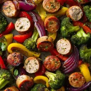 An extreme close-up overhead shot of a rustic chicken sausage sheet pan dinner, showcasing the perfectly roasted vegetables and savory sausage.