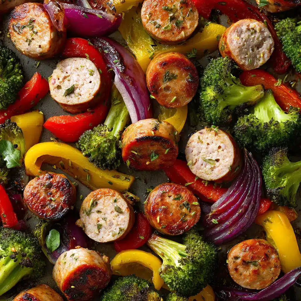 An extreme close-up overhead shot of a rustic chicken sausage sheet pan dinner, showcasing the perfectly roasted vegetables and savory sausage.