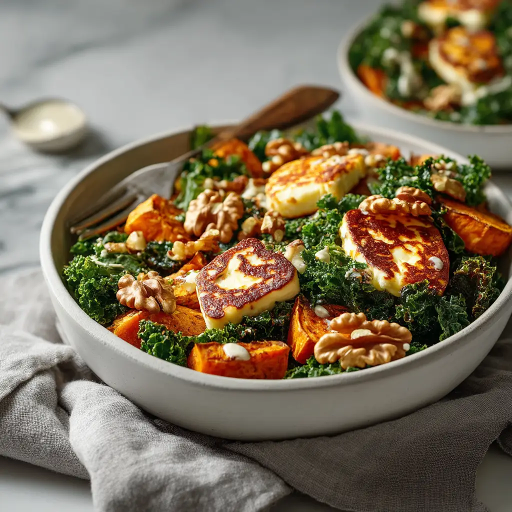 A close-up view of a roasted sweet potato and halloumi salad bowl, highlighting the textures of the ingredients.