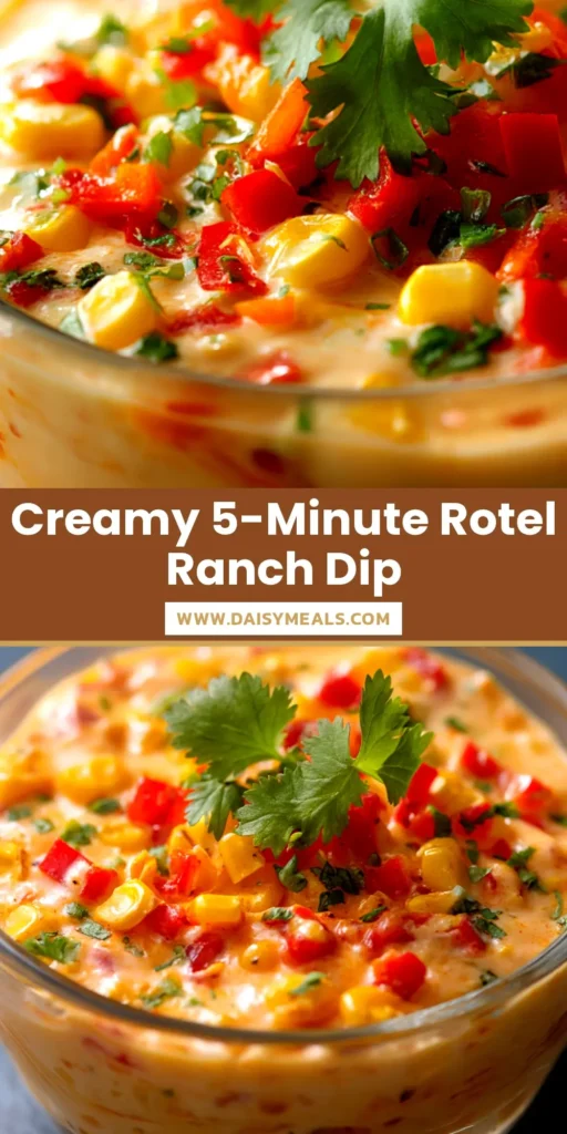 A shareable pin image for the ultimate Rotel Ranch Dip, showing a bowl of the creamy dip surrounded by tortilla chips, with text overlay.