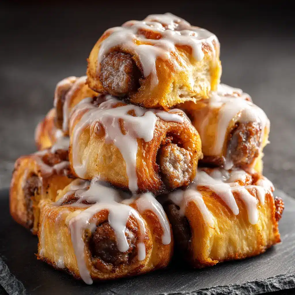 A pan of sausage cinnamon roll-ups fresh out of the oven, waiting to be glazed.
