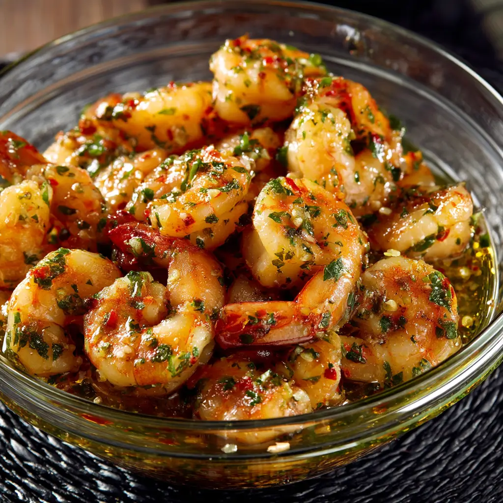 A close-up shot of sautéed garlic butter shrimp being tossed in a pan with fresh herbs.
