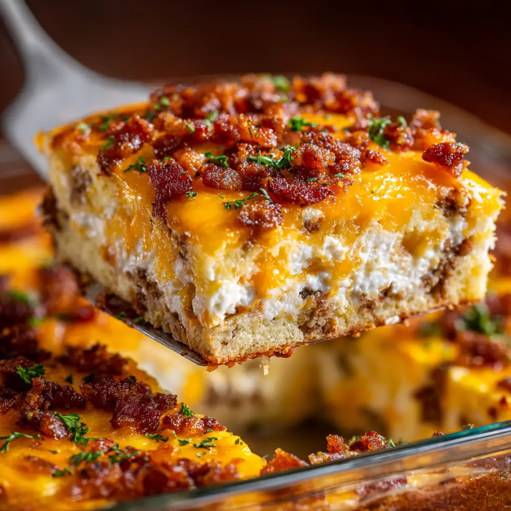 A savory breakfast bake with layers of bread, bacon, and cheese, ready to be served for a weekend brunch.