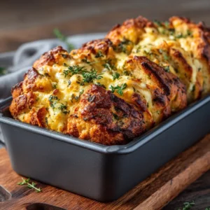 A close-up shot of a golden, rustic loaf of savory quick bread, with herbs and cheese visible in the crust.