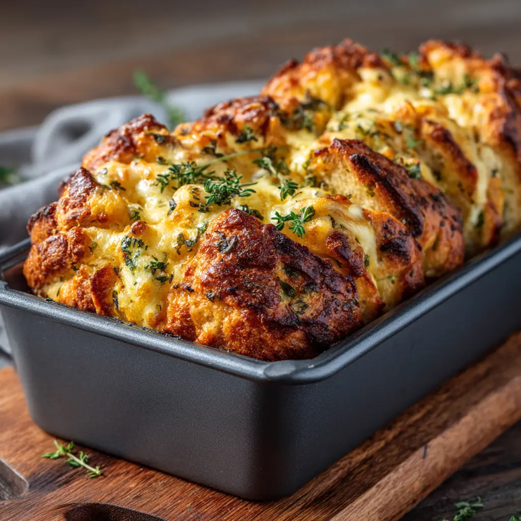 A close-up shot of a golden, rustic loaf of savory quick bread, with herbs and cheese visible in the crust.