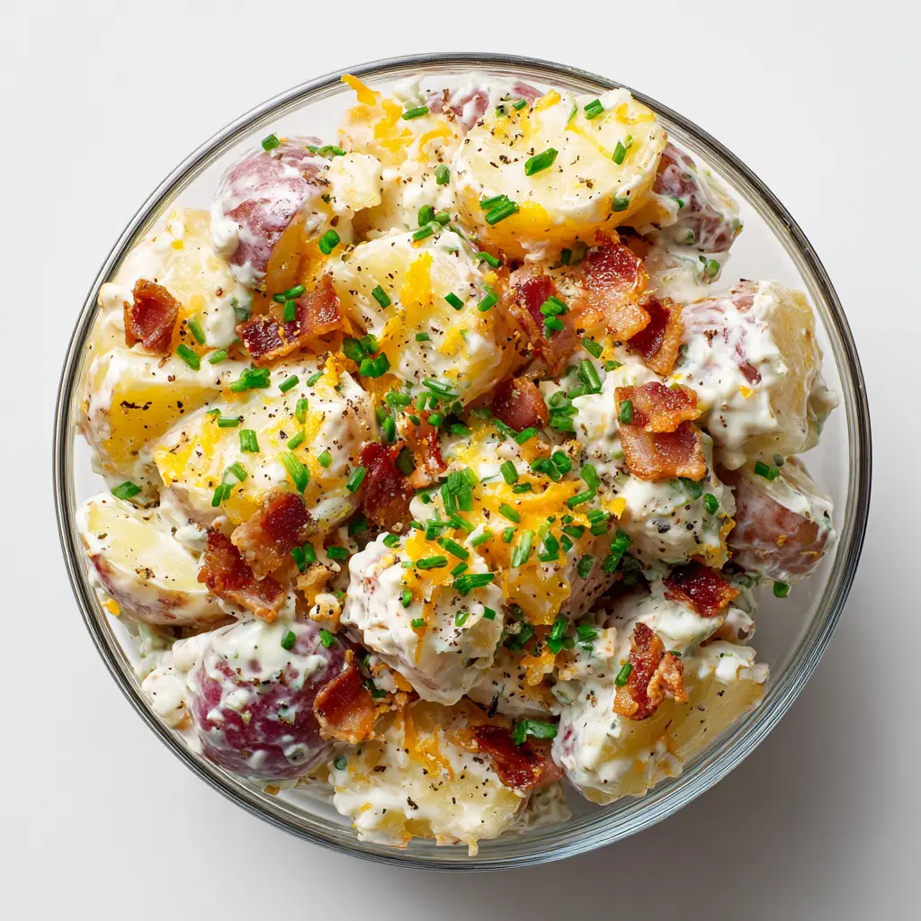 A scoop of the best baked potato salad on a spoon, ready to be eaten. The toppings of bacon, cheese, and chives are clearly visible.