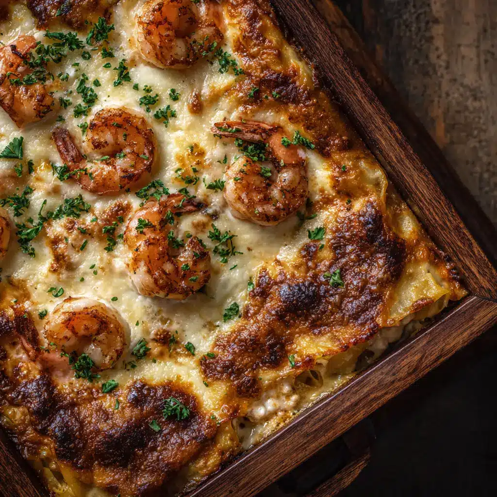 A close-up of the layers in the seafood lasagna, showing the creamy white sauce, shrimp, and pasta.