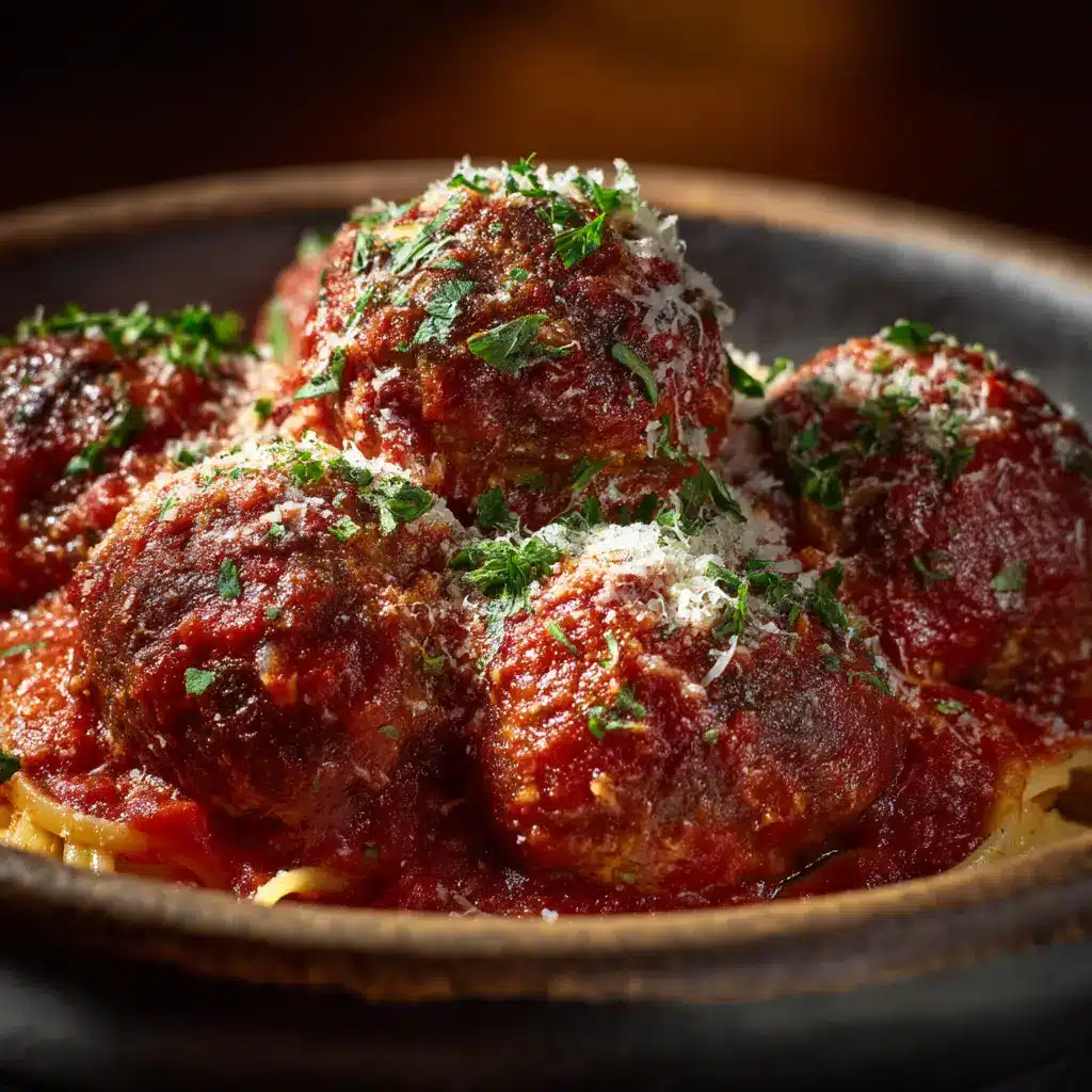 A close-up shot of several tender homemade meatballs being seared to golden-brown perfection in a cast iron skillet.