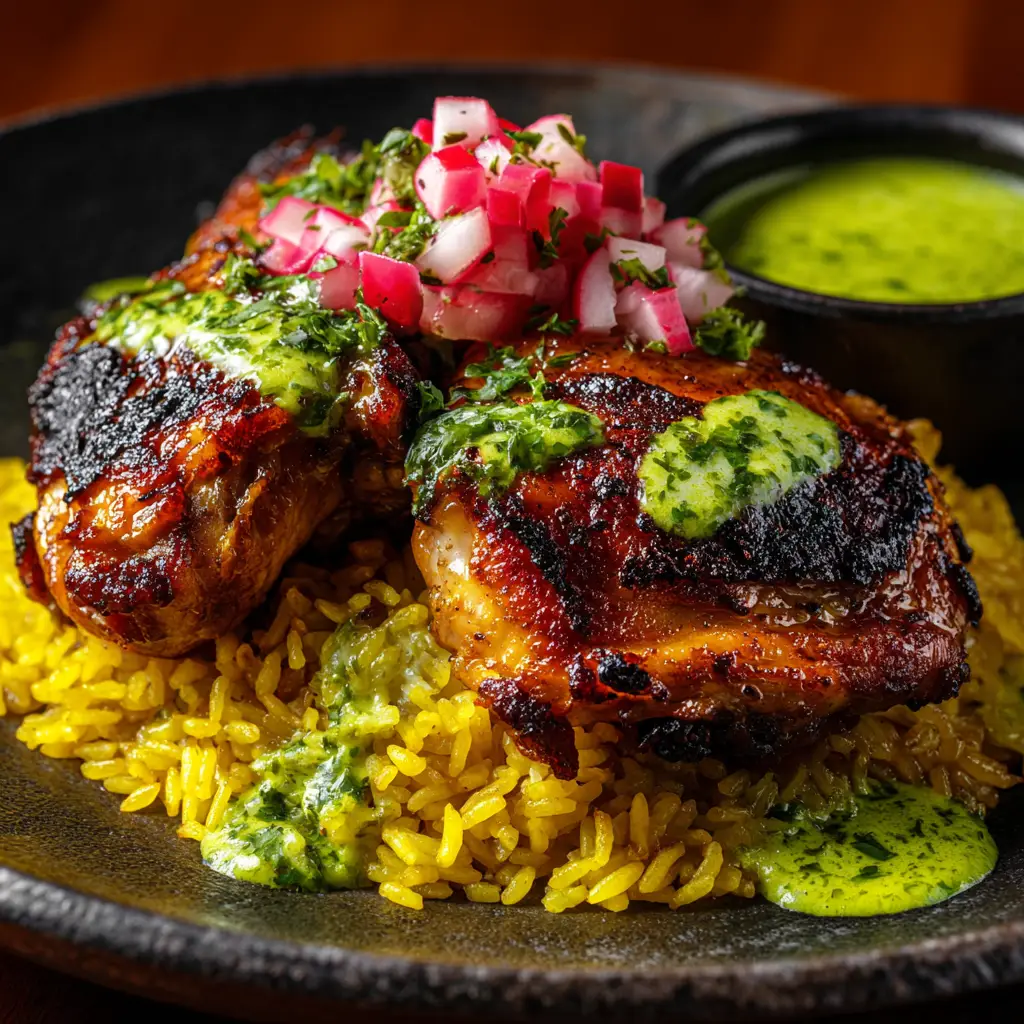 A serving of authentic Peruvian chicken and rice in a bowl, showing the vibrant green color of the rice mixed with peas and carrots.