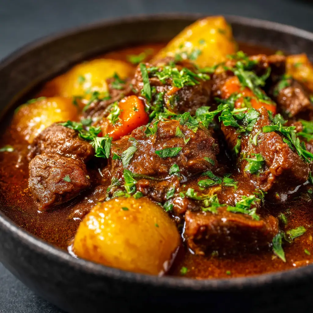 A spoonful of Puerto Rican Beef Stew being lifted from a bowl, showing the tender beef, carrots, and rich sofrito-based sauce.