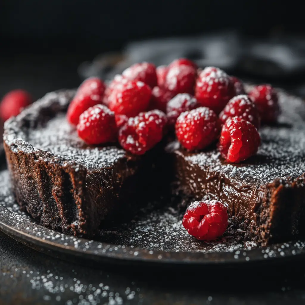 A spatula lifting a perfect slice of rich chocolate cake from the baking pan, revealing the creamy custard layer beneath.