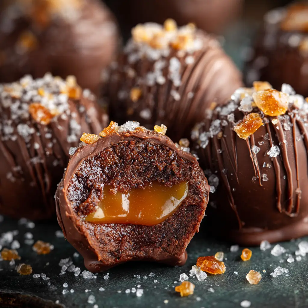 A close-up view of salted caramel truffles being rolled and shaped before chilling.