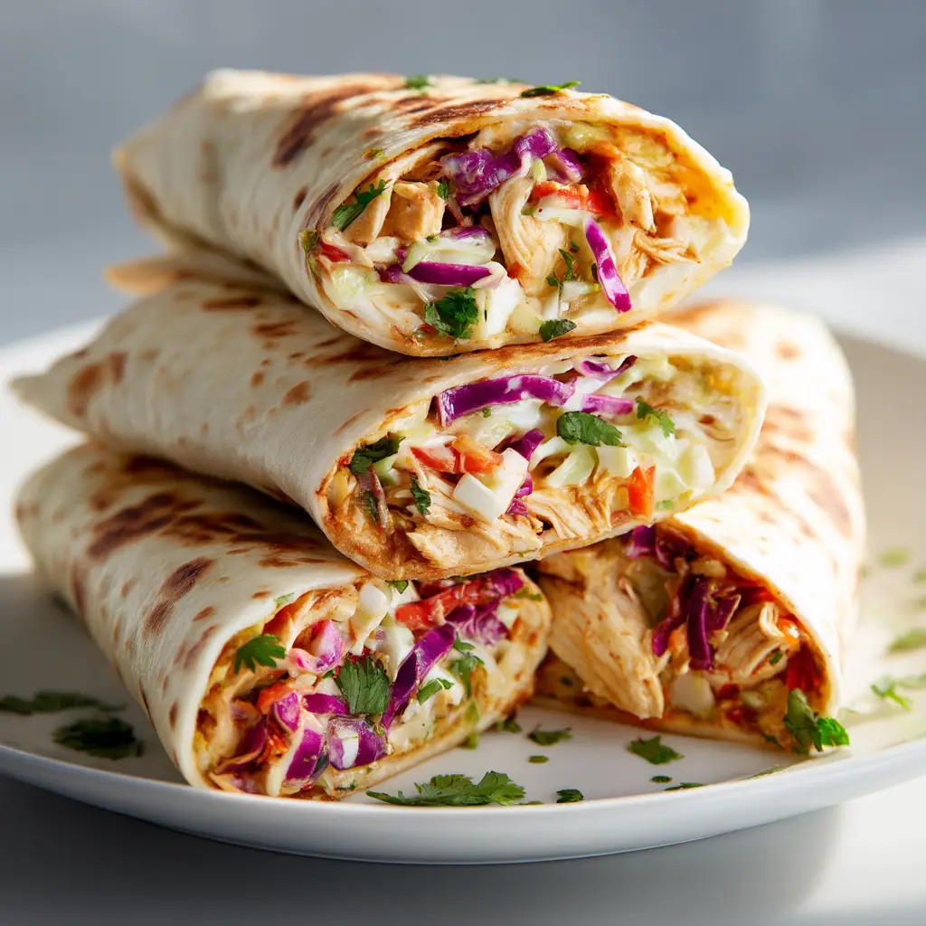 A view of the delicious filling inside a shredded chicken wrap, featuring saucy BBQ chicken, cheese, and crunchy coleslaw.