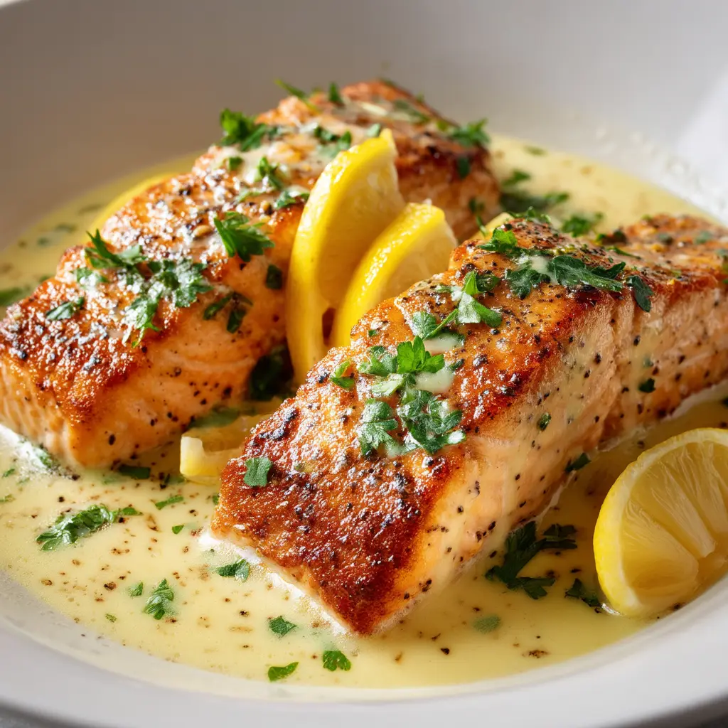 A skillet with four lemon butter salmon fillets being drizzled with sauce, garnished with fresh herbs and lemon wedges.