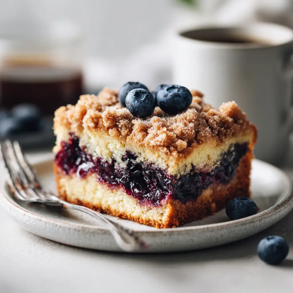A perfect square slice of moist blueberry coffee cake on a white plate, showcasing the tender crumb and juicy blueberries.