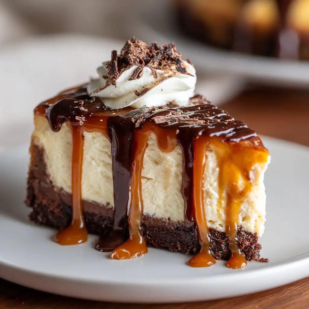 A perfect slice of cheesecake with brownie base on a white plate, showcasing the distinct layers of fudgy brownie and smooth, creamy cheesecake.