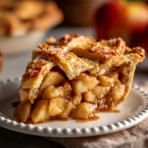 A close-up slice of homemade apple pie from scratch on a white plate, showing the flaky pie crust and spiced apple filling.