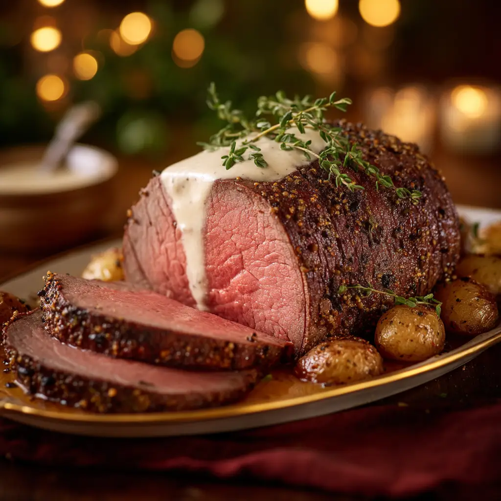 Thick slices of medium-rare beef tenderloin arranged on a platter, revealing a tender and juicy pink interior.
