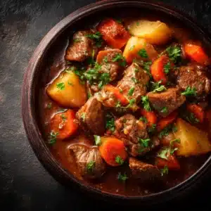 An extreme close-up overhead shot of hearty slow cooker beef stew, highlighting the tender beef chunks and perfectly cooked vegetables in a savory gravy.