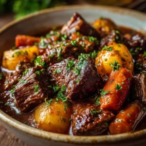 An extreme close-up of slow cooker beef stew, highlighting the tender beef and rich, thick gravy.