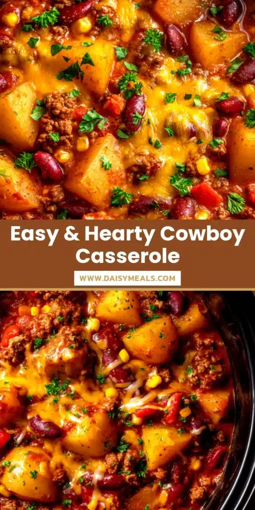 Slow Cooker Cowboy Casserole: The Ultimate Hearty Dinner 3 A delicious and easy Slow Cooker Cowboy Casserole in a serving dish, topped with golden tater tots and melted cheese. The perfect hearty family dinner recipe.