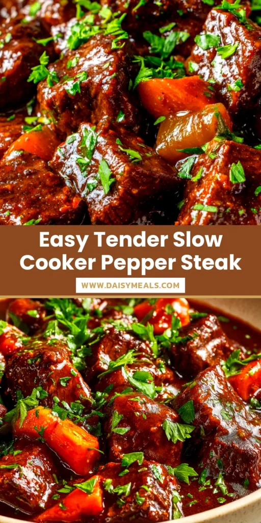 A delicious bowl of Slow Cooker Pepper Steak served over fluffy white rice. The tender beef and colorful peppers are coated in a rich, savory sauce. The perfect easy weeknight dinner recipe.