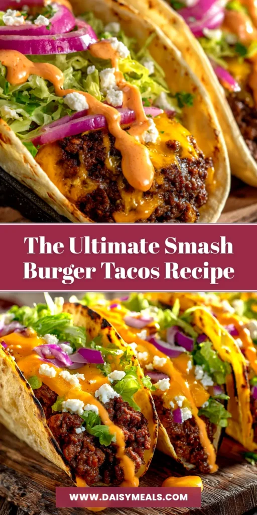 Smash Burger Tacos: The Ultimate Viral Recipe 4 A close-up shot of two delicious Smash Burger Tacos, loaded with shredded lettuce, cheese, and a creamy sauce, ready to be eaten.