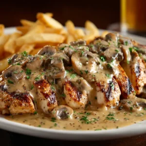 A close-up of smothered chicken with mushrooms and onions, showing the golden melted cheese and perfectly grilled chicken.