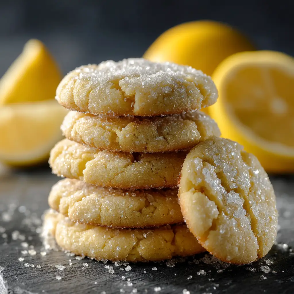 A tall stack of soft lemon sugar cookies, showing their perfect chewy texture and golden-brown edges.