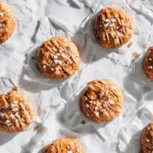 An overhead flat lay of freshly baked soft honey cinnamon cookies scattered on a wooden surface with a small bowl of honey.