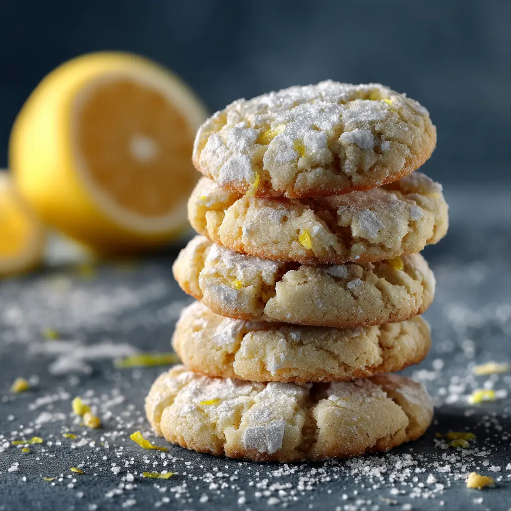 A close-up shot of soft lemon cookies fresh from the oven, showing their chewy texture and sparkling sugar coating.