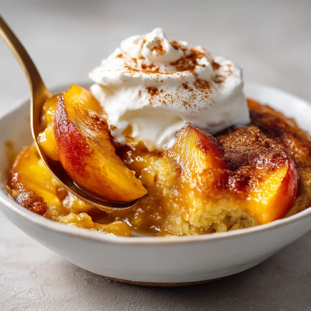 A close-up view of the inside of the peach cobbler poke cake, revealing the holes filled with peach syrup and condensed milk.