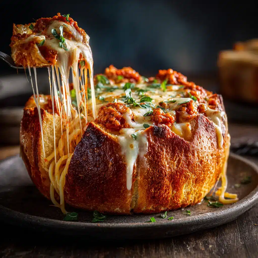 A pan of rich, savory spaghetti with meat sauce being mixed together before being used to fill the toasted garlic bread bowls.
