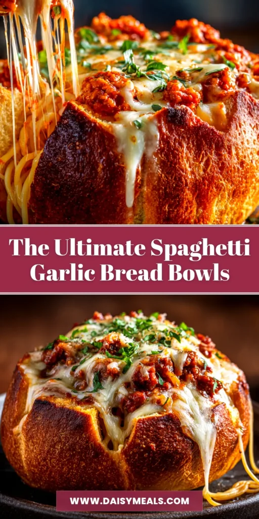 An overhead shot of four amazing Spaghetti Garlic Bread Bowls filled with pasta and meat sauce, topped with melted mozzarella cheese, and ready to be served.