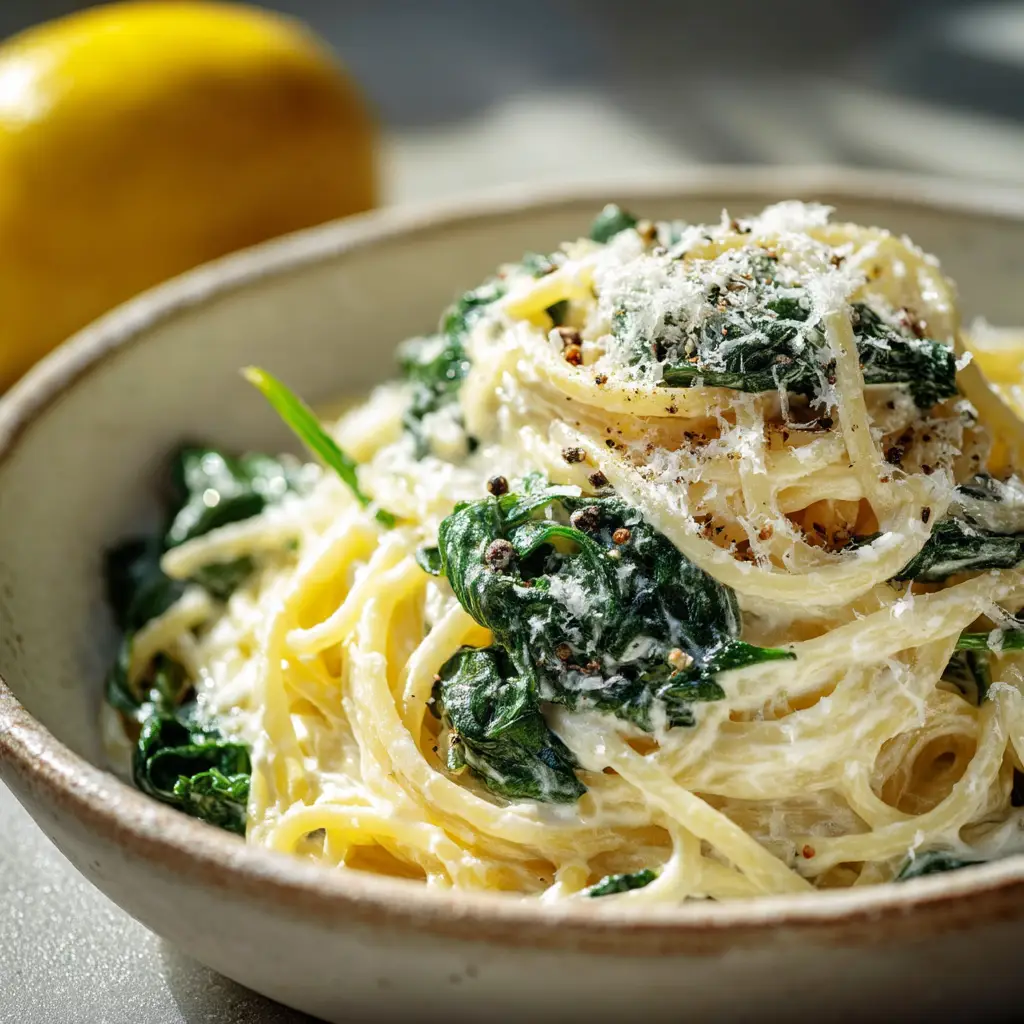 A fork twirling a bite of spaghetti with ricotta and lemon, demonstrating the dish's perfect texture.
