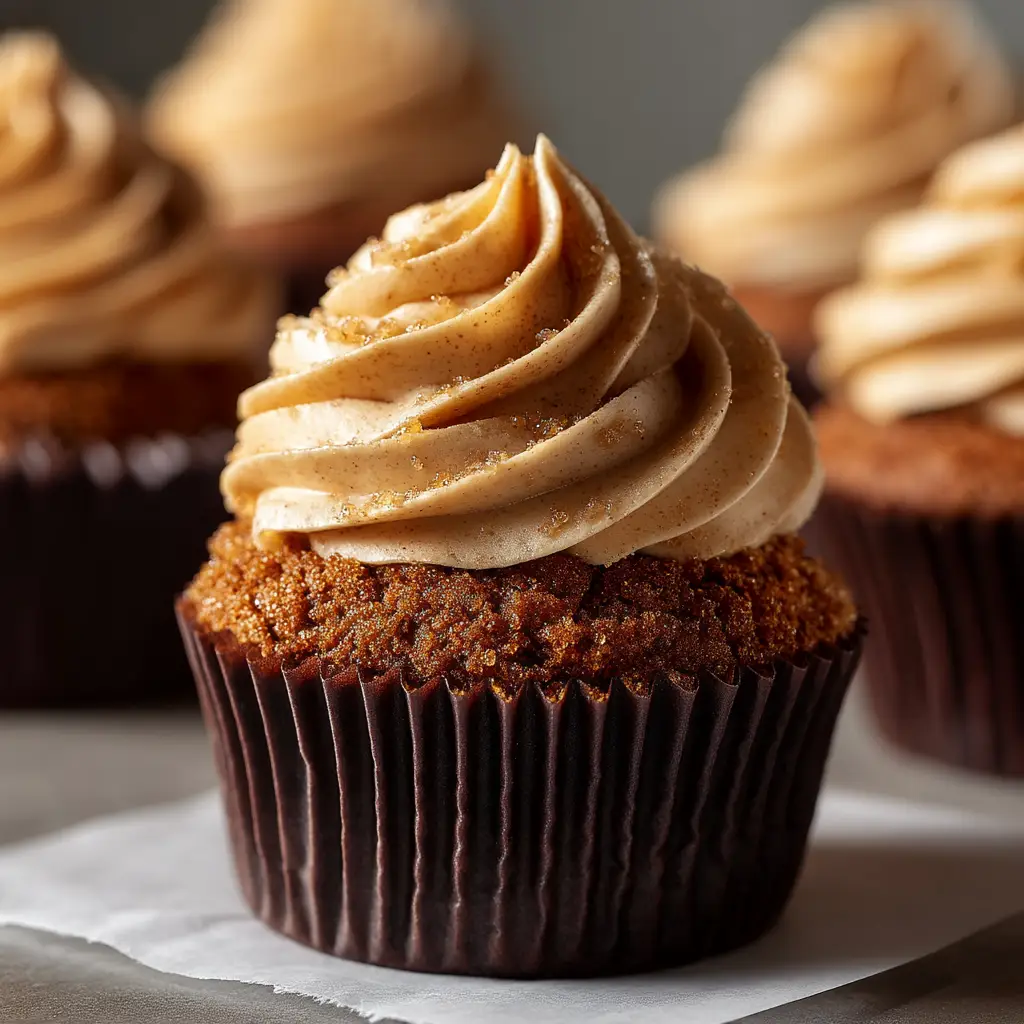 A close-up shot of spiced gingerbread cupcakes with a swirl of caramel latte frosting before the drizzle is added.