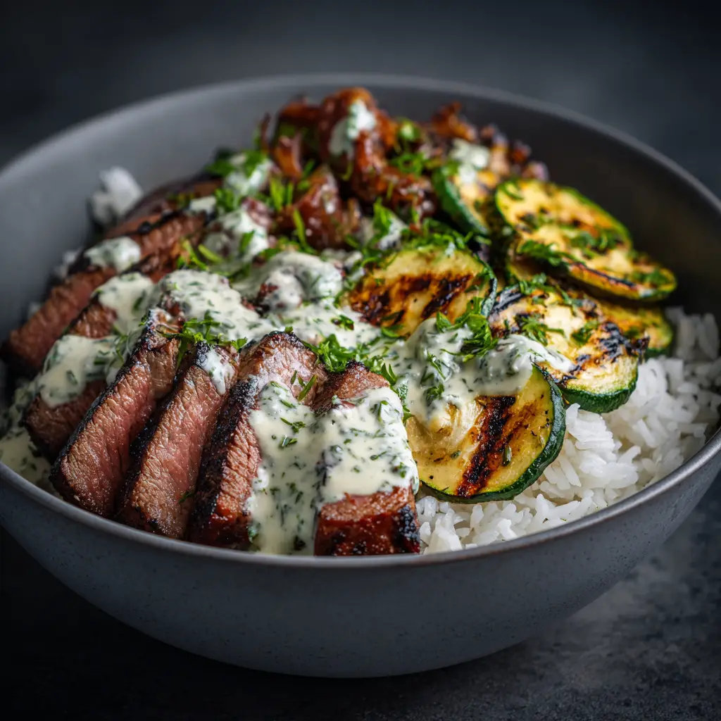 A beautiful presentation of a steak rice bowl in a modern dish, ready to be eaten. Shows the complete meal.