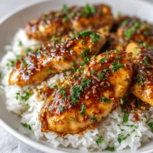 An extreme close-up overhead shot of glistening honey garlic chicken, showing the texture of the sticky honey garlic glaze and tender chicken.