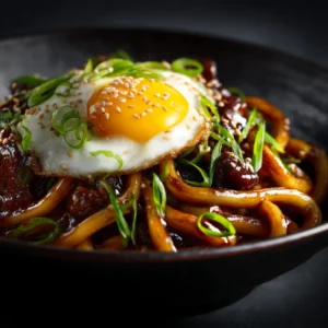 A close-up shot of stir-fried udon noodles being lifted by chopsticks from a bowl, showcasing their chewy texture and the rich yaki udon sauce.