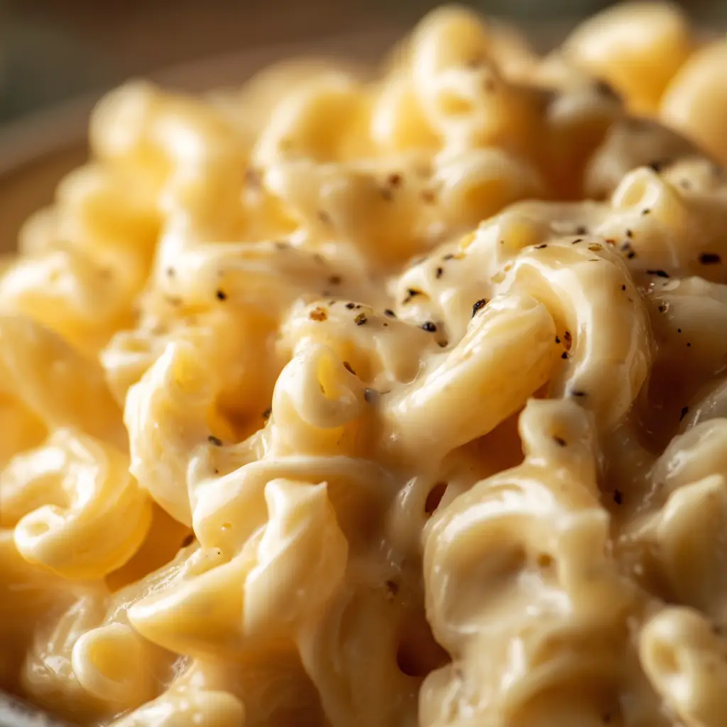 White Cheddar Mac and Cheese: The Ultimate Creamy Recipe 1 A spoonful of stovetop white cheddar mac and cheese being lifted from a bowl, highlighting the gooey, cheesy texture.