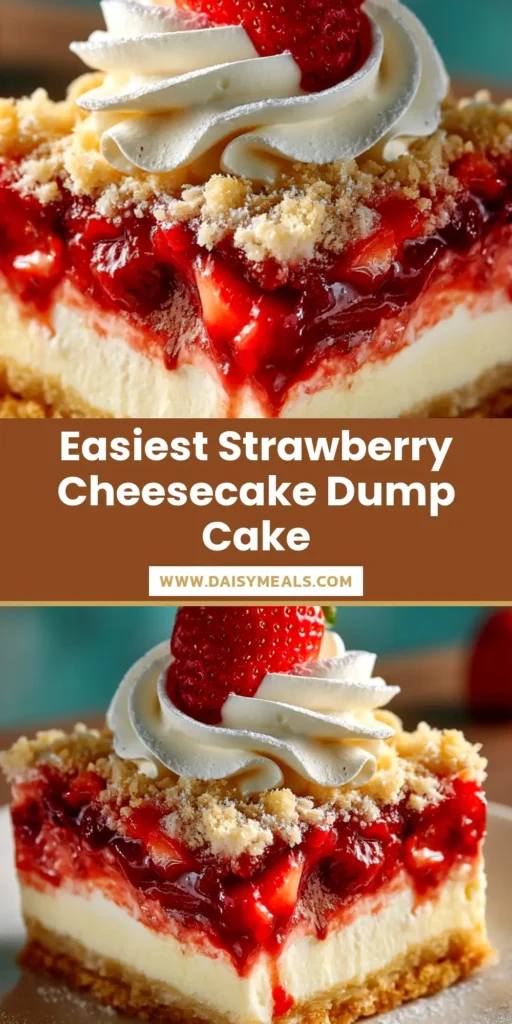 A delicious and easy Strawberry Cheesecake Dump Cake in a white baking dish, showing the golden cake topping and bubbly strawberry filling. Perfect for a quick dessert!
